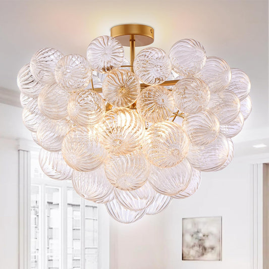 Bubble Ball Semi Flush Mounting Ceiling Light Fixtures, Dia 20 inch Gold and Clear Blown Glass Small Swirled Glass Chandelier for Bedroom Study Bathroom Dining Room