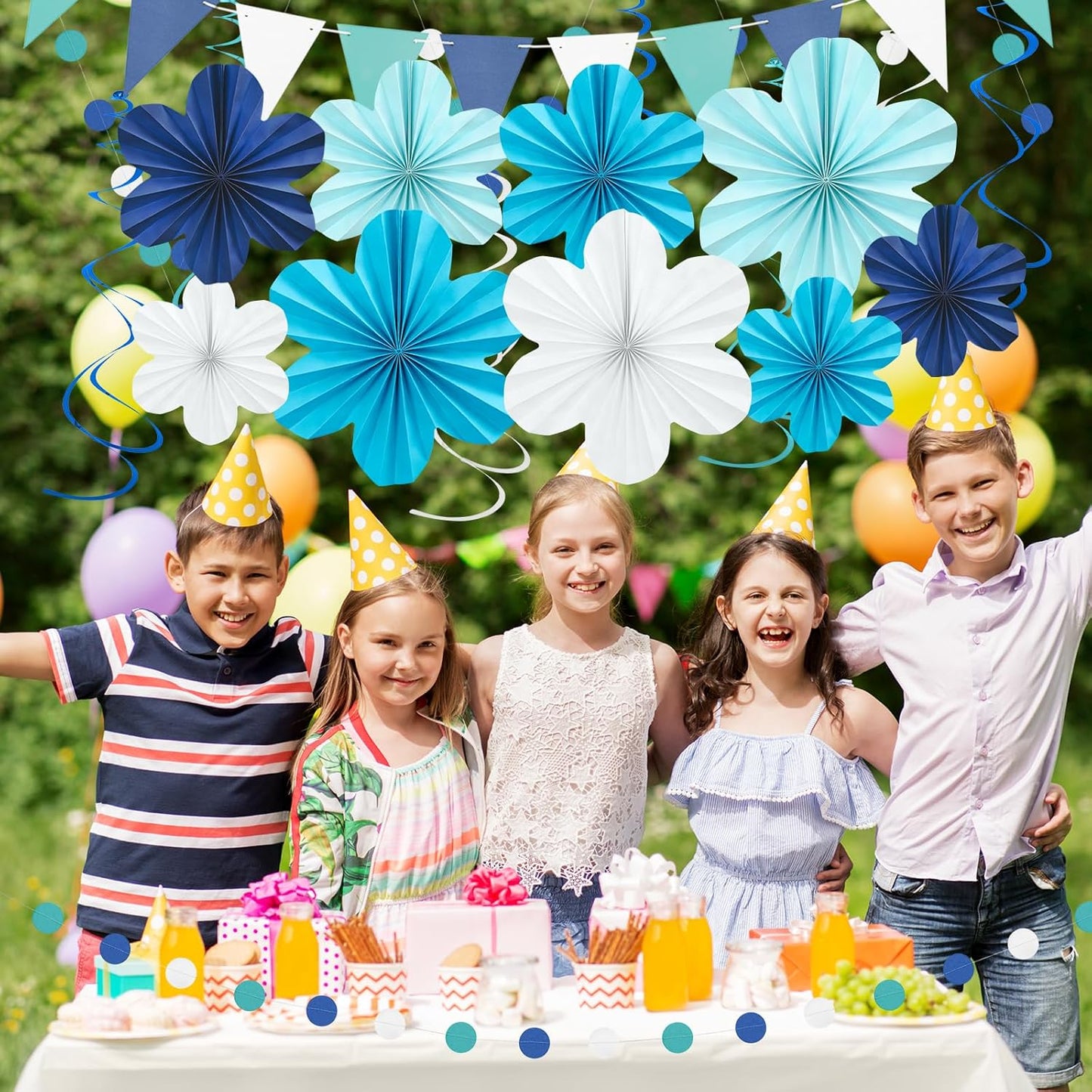 Navy Blue Party Decorations Set, 22 Pcs Hanging Paper Flowers, Tassel Garland & Swirls for Weddings, Bridal Showers, Baby Showers, Birthday, Classroom Decor, Backdrop Supplies