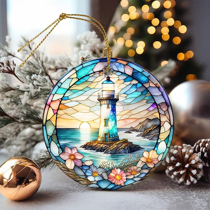 Stained Ceramic Lighthouse Ornament - Christmas Tree Ornaments - Christmas Decorations - Lighthouse Decor for Office, Room, Home - Holiday Present Ideas