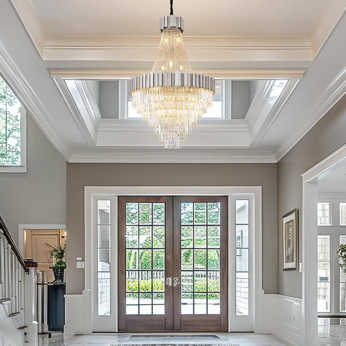 54" Luxury Long Crystal Chandelier for High Ceilings, 21-Light Modern Silver Large Chandeliers for Staircase, Foyer, Entryway, Living Room, Hallway, Contemporary K9 Crystal Tiered Chandelier