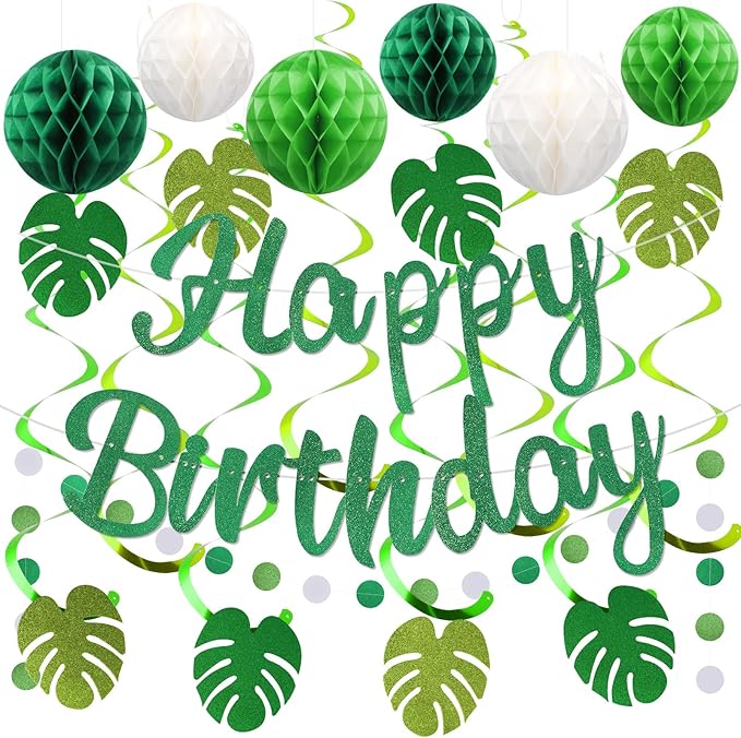 Birthday Decorations, NO DIY, Pre-Strung Happy Birthday Banner with Honeycomb Balls, Hanging Swirls, Circle Dots Garland, Happy Birthday Party Decorations for Women Men Boys Girls (Green)