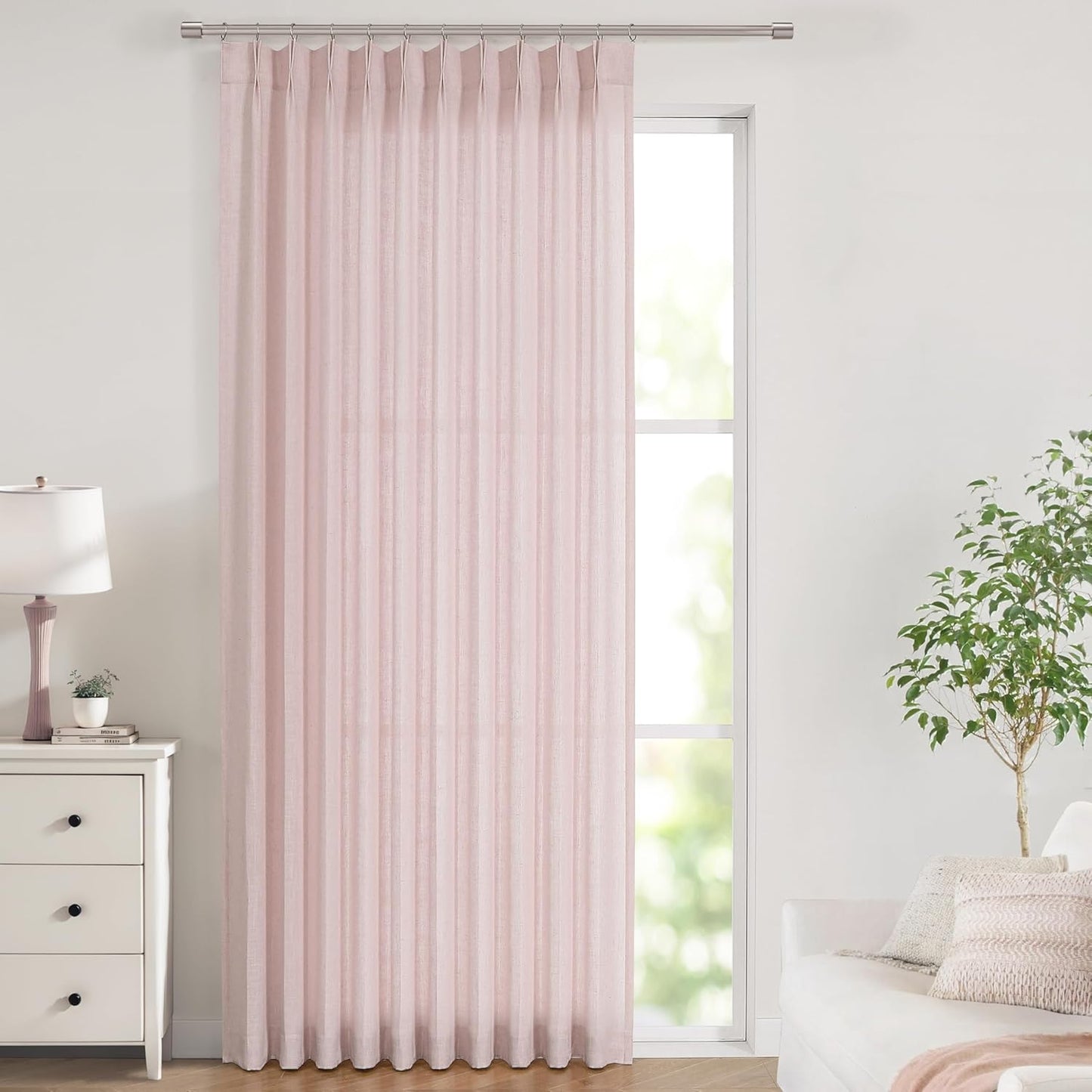 Vision Home Light Pink Pinch Pleated Semi Sheer Curtains Textured Linen Blended Light Filtering Window Curtains 112 inch for Living Room Bedroom Patio Pinch Pleat Drapes with Hooks 1 Panel 60"Wx112"L