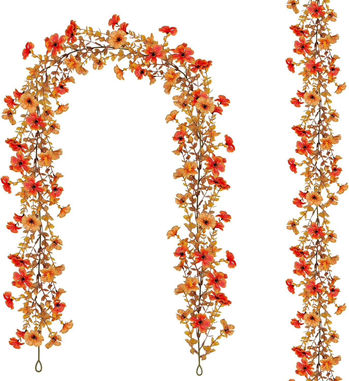 2 Pack Artificial Fall Flowers Garland, 6 FT Fall Decorations UV Resistant Fake Mums Floral Vines Faux Hanging Flower Ivy Garland for Home Party Table Wall Decor (Orange + Autumn Yellow)