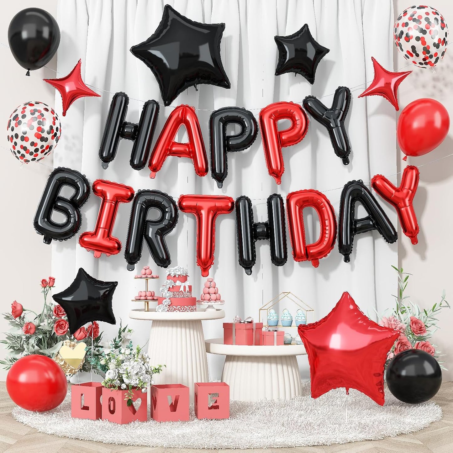 Happy Birthday Balloon Banner Red and Black, 16 Inch Mylar Foil Letter Balloons, Reusable Birthday Decorations with Black Red Balloons, Inflatable Party Supplies for Men Women Boys Girls Decoration
