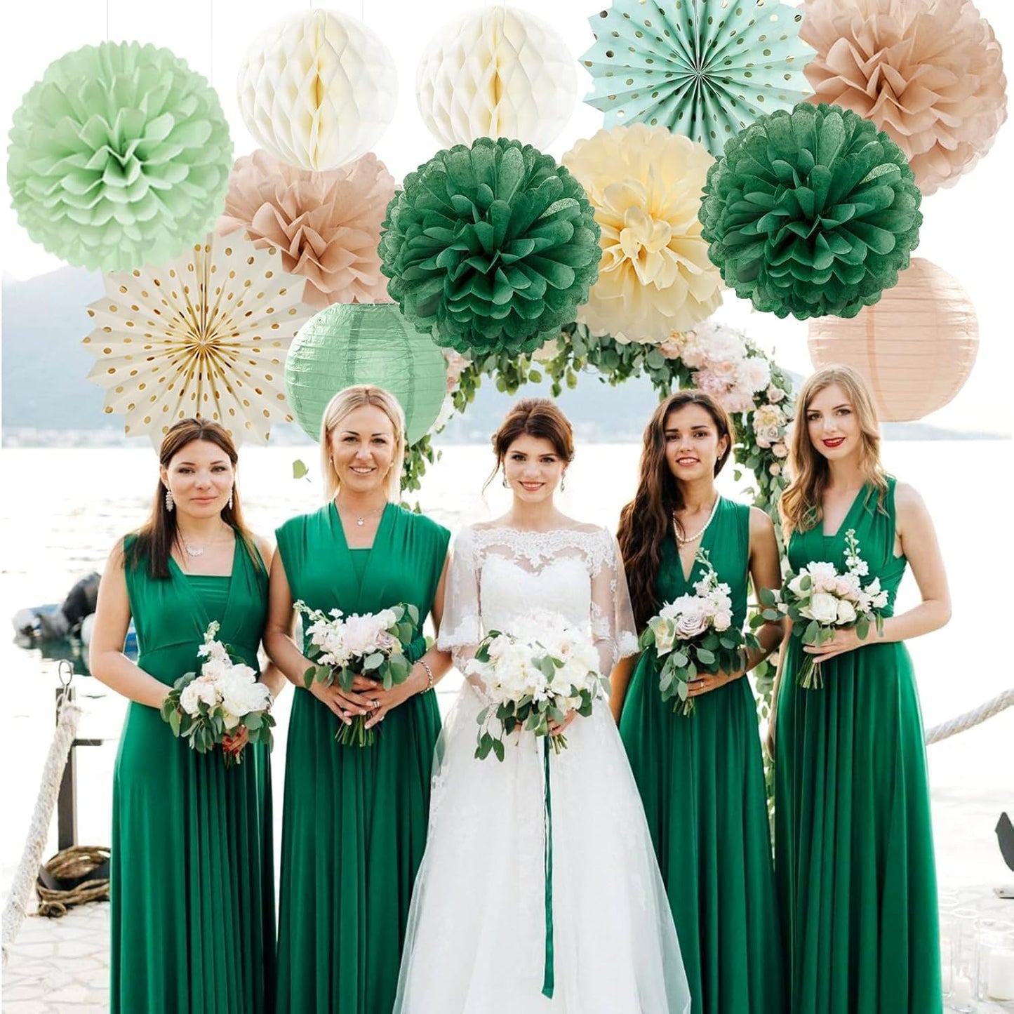 Olive-Sage Green Champagne-Gold Party-Decorations Lanterns - 14pcs Rustic Wedding Paper Fan Streamers,Tissue Pom Poms Honeycomb,Boho Bachelorette Neutral Baby Shower Birthday Bridal Decor Ouruola