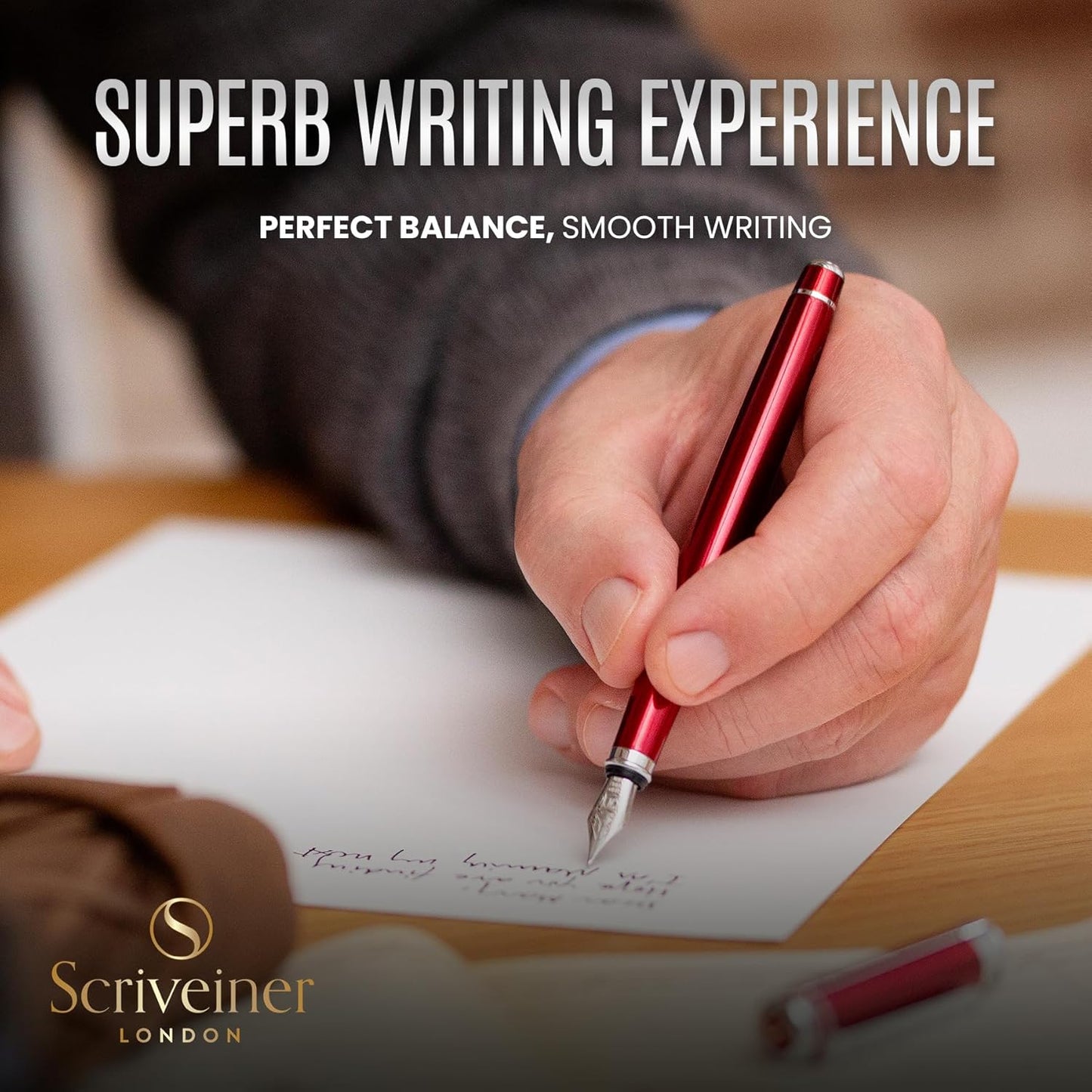 Scriveiner Deep Crimson Red Fountain Pen - Stunning Luxury Pen with Chrome Finish, Schmidt Nib (Medium), Best Pen Gift Set for Men & Women, Professional, Executive, Office, Nice Pens