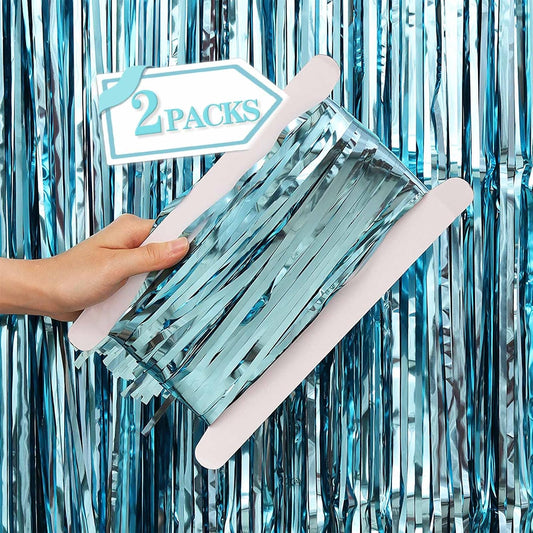 2 Pcs Light Blue Metallic Tinsel Foil Fringe Curtains Backdrop, 3.28 ft x 6.56 ft Streamers for Birthday Wedding Engagement Bachelorette Party Photo Booth Bridal Shower Baby Shower Decoration Supplies