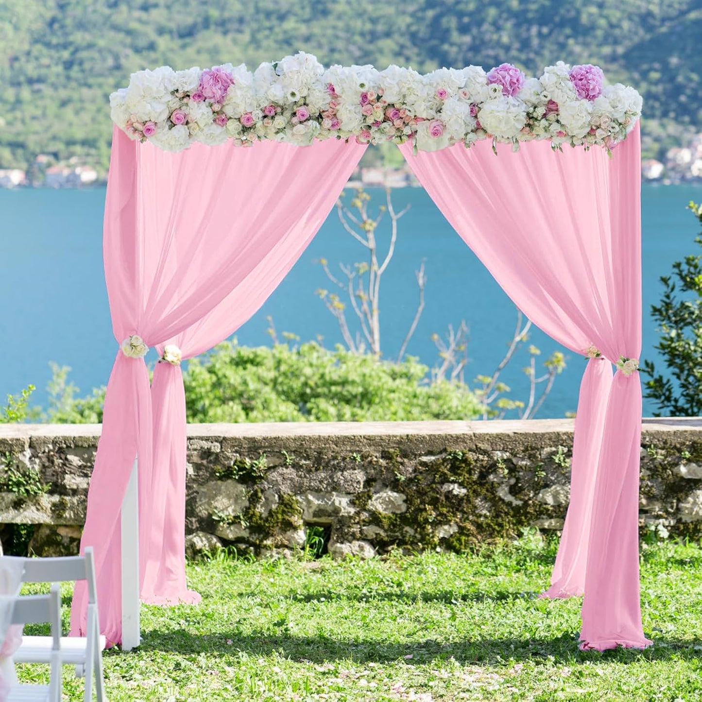 PARTISKY 10x7ft Pink Chiffon Backdrop Curtains, Wrinkle-Free Sheer Fabric Photo Drapes for Wedding Ceremony Arch Birthday Baby Shower Photography Stage Decor 5x7ft, 2 Panel