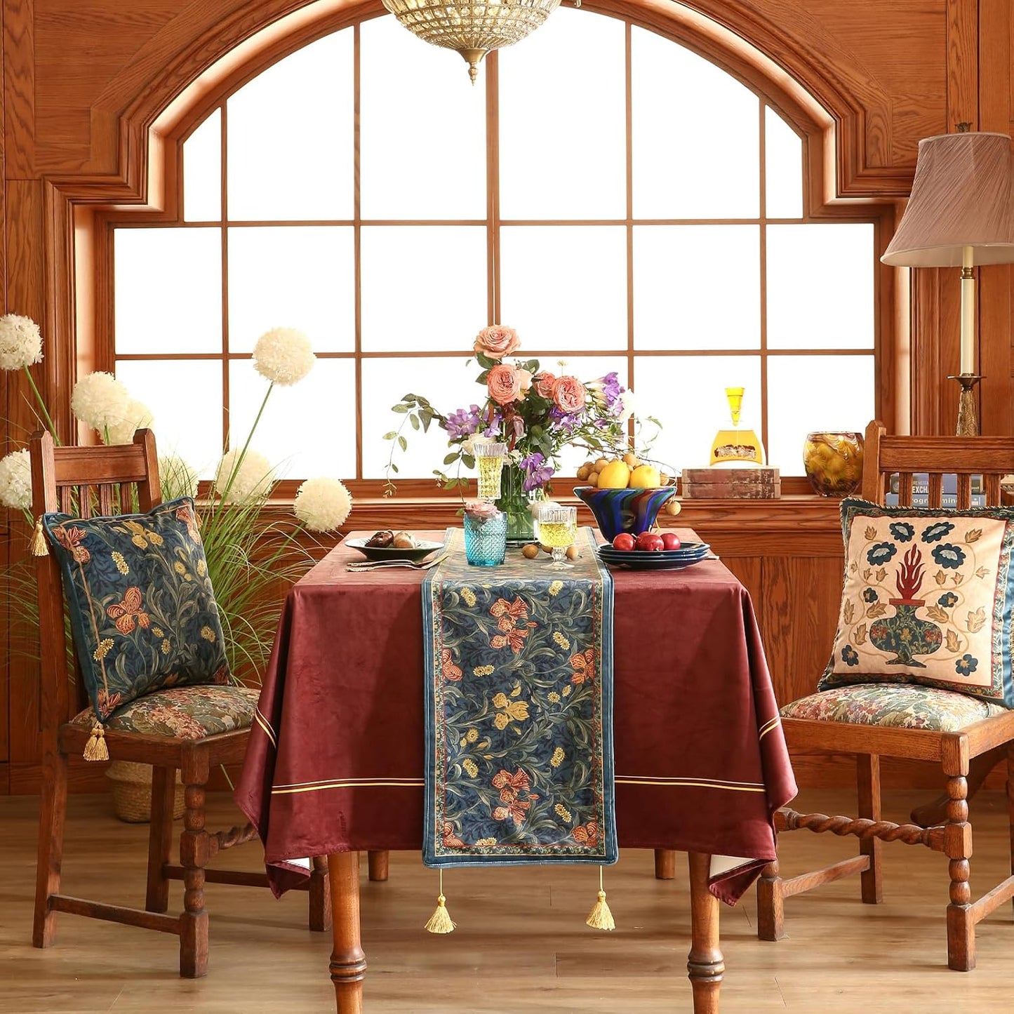 patdrea Designer Casual Wild Floral Velvet Table Runner 102 Inch Long, Dark Blue Occult Bouquets Pattern Table Mat, Decoration for Kitchen Dining Coffee Table Cabinet Banquet Thanksgiving,12"*102"