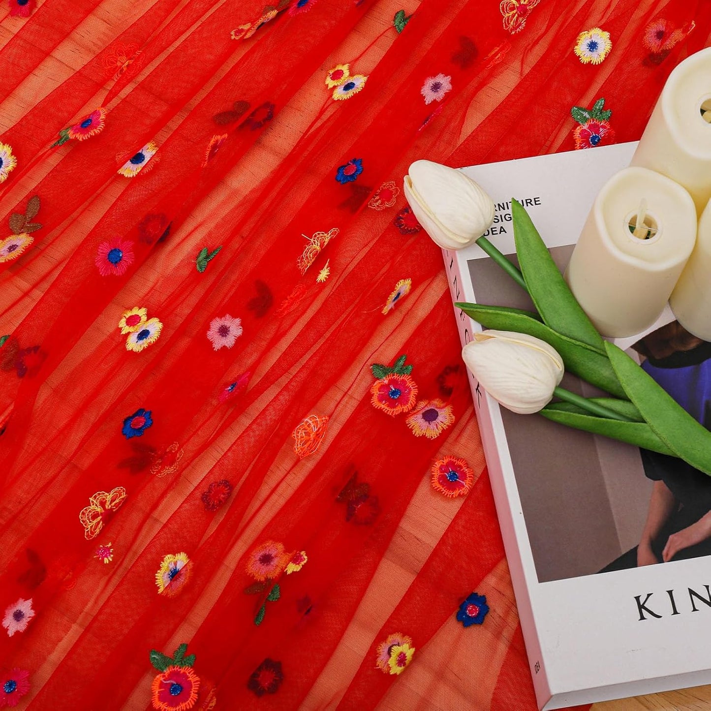 BINBE 12pcs Daisy Fall Table Runner Embroidery Gauze 10FT Florals Seasonal Tulle Holiday Birthday Kitchen Dining Table Decor for Home Party Red