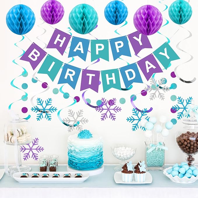 meowtastic Frozen Birthday Party Decorations - Happy Birthday Banner with Honeycomb Balls, Snowflake Hanging Swirls Streamers, Circle Dots Garland Decorations - Party Decorations for Boys Girls