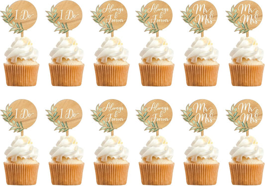 12 PCS Wedding Cupcake Toppers Green Mr & Mrs Wedding Cake Cupcake Decorations in Wood