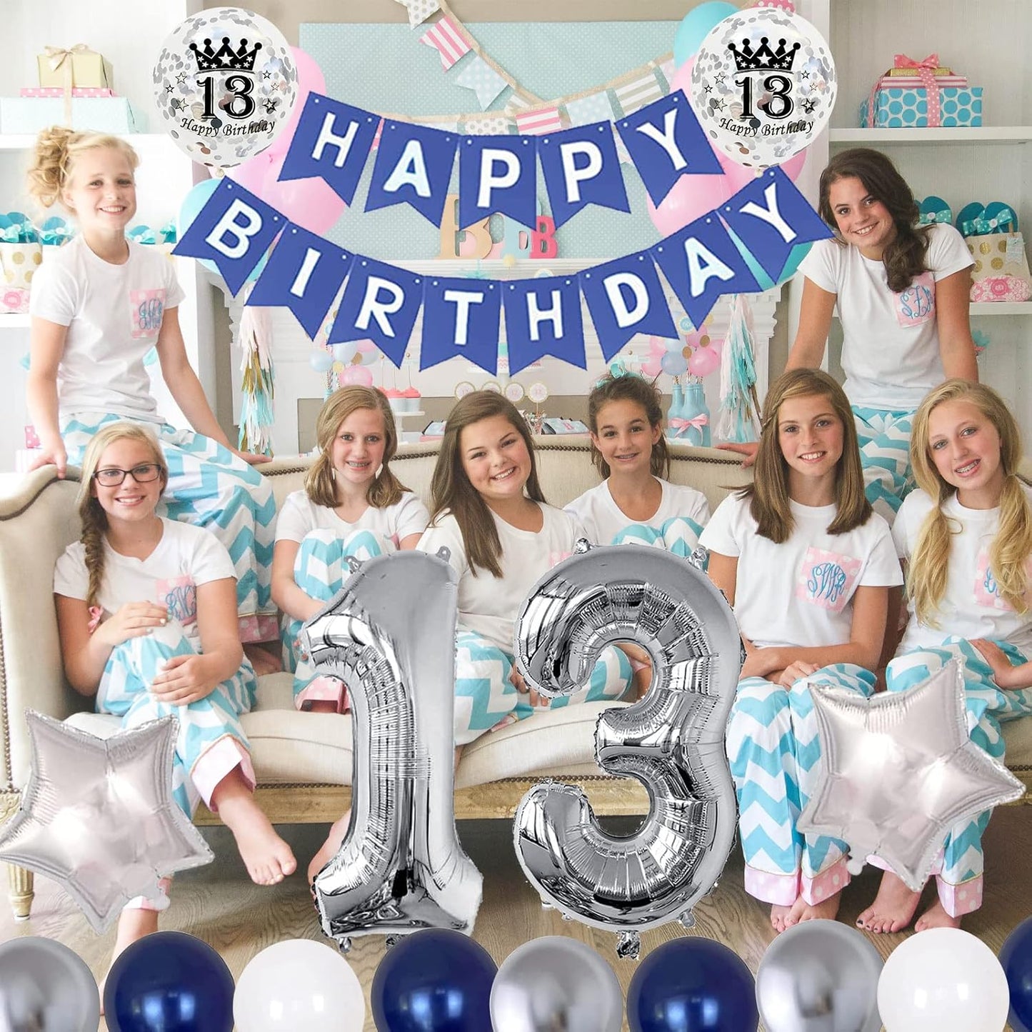 13th Birthday Decorations for Boys Girls, 13th Birthday Party Supplies with HAPPY BIRTHDAY Banner and Number 13 Balloons, Silver Navy Blue Theme Party for Teenager Kid 13 Years Old Birthday Decoration