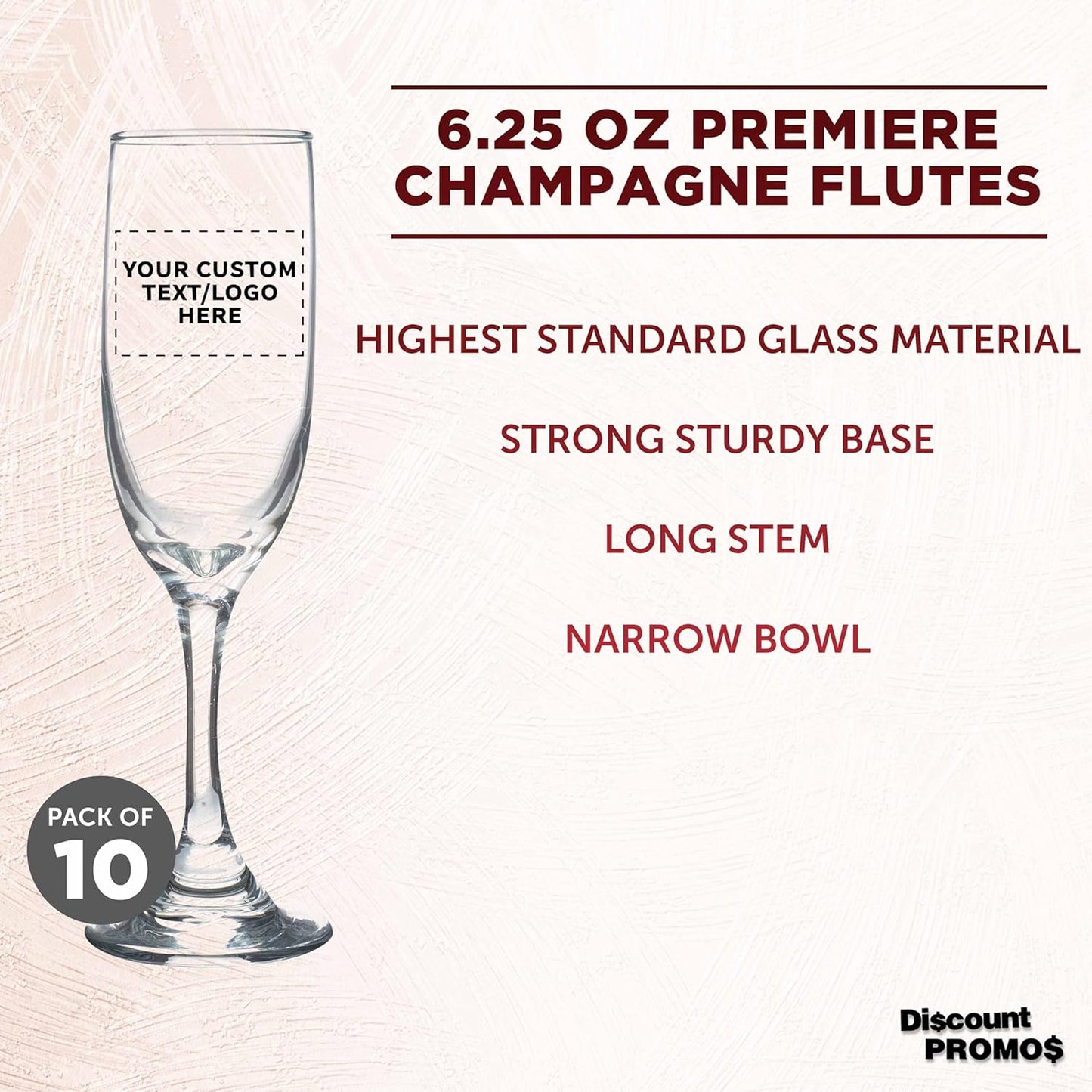 DISCOUNT PROMOS Custom Premiere Champagne Flutes 6.25 oz. Set of 10, Personalized Bulk Pack - Elegant Drinkware for Weddings, Events, & Promotional Gifts - Clear