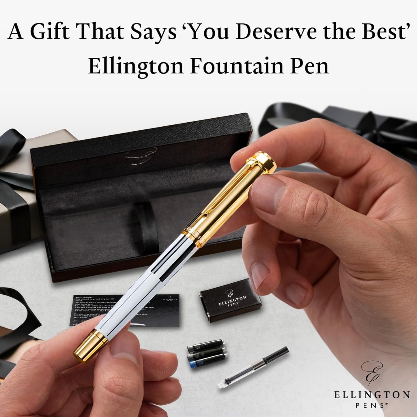 Ellington Pens Luxury Fountain Pen Set- Fountain Pens for Writing - Smooth Fine Nib - Includes Refillable Ink Converter, 3 Ink Cartridges [Black & Blue], Gift Box - Elegant Calligraphy