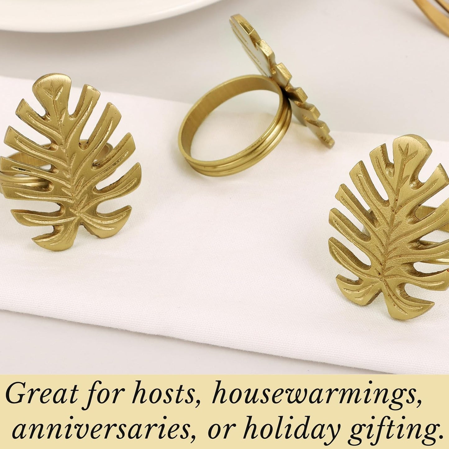 Napkin Rings Set of 12 Metal Napkin Holder Cuffs for Dinner Table Décor Monstera Leaf Farmhouse Modern Serviette Rings for Weddings, Parties, Receptions, Daily Use (Antique Gold) - ALPHA Living HOME