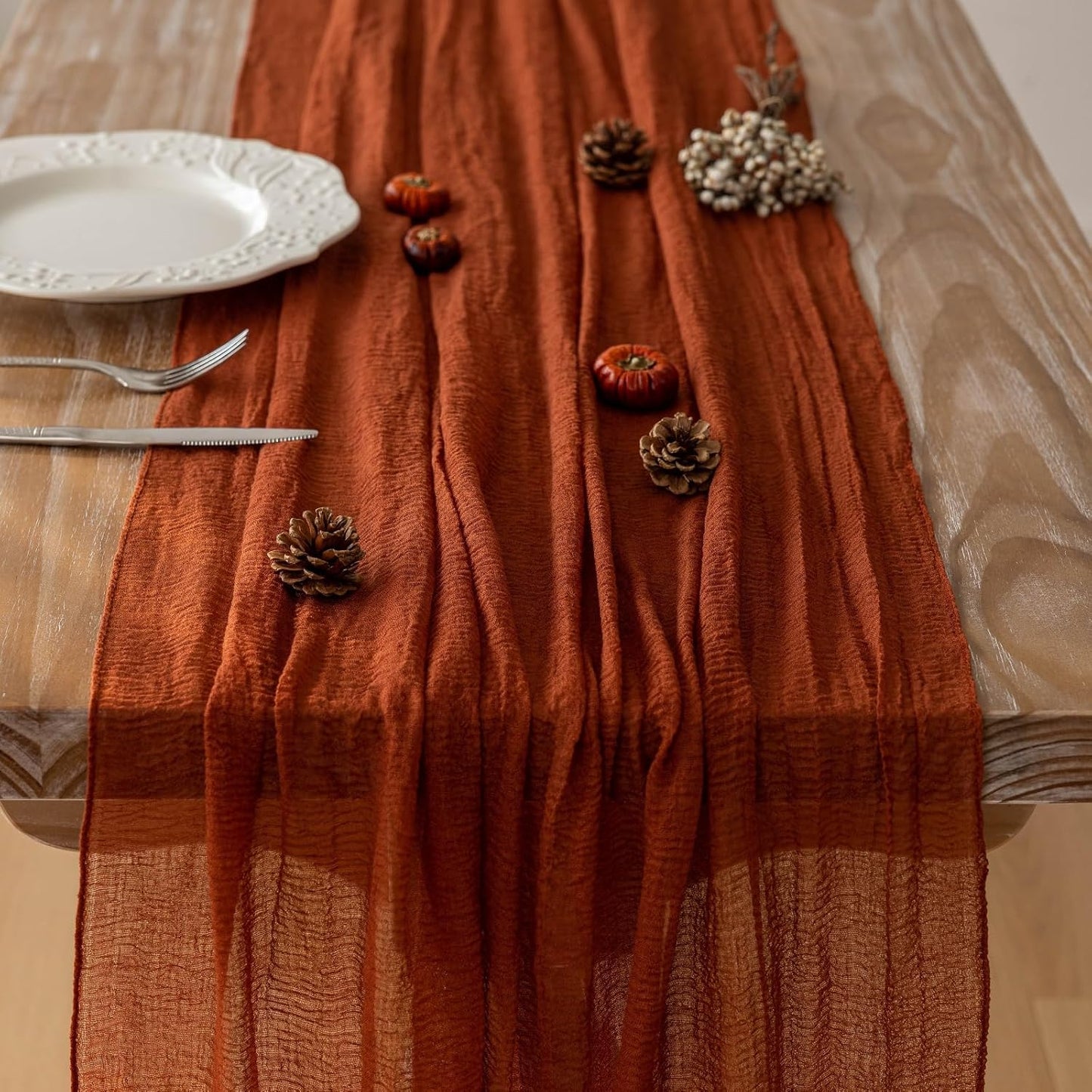 Keketo Fall Thanksgiving Table Runner Terracotta Rust Gauze 120 Inch 10 FT Rustic Burnt Orange Sheer Cheese Cloth for Bridal Shower Friendsgiving Party Centerpiece Decor Fall Decorations for Home