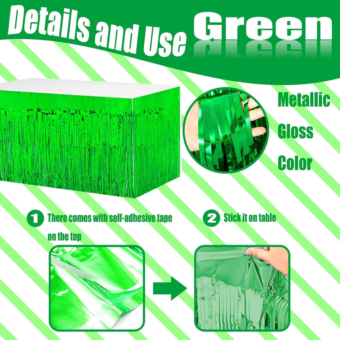 4 Pack 29x108 Inch Metallic Foil Fringe Tinsel Table Skirts for Rectangle Tables Streamer Curtains Backdrop for Wedding, Birthday, Parade Floats, Christmas, Halloween Party Decoration(Green)