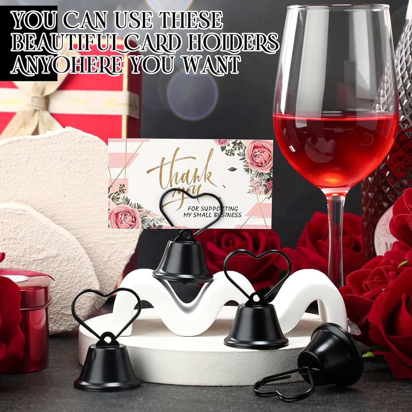 24 Pcs Table Number Holders Place Card Holders for Table 2 Inch Ring Clip Bell Number Holder Metal Picture Holder for Wedding Christmas Restaurant Home Photo Office Memo(Black,Heart)