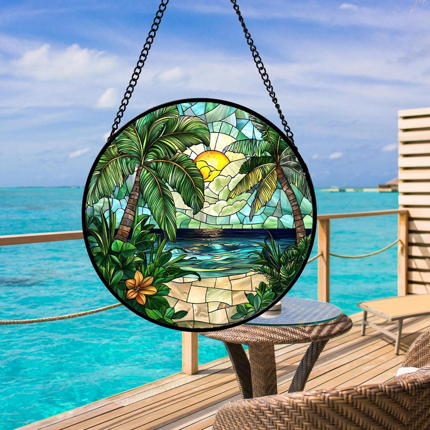 Stained Glass Window Hanging, Green Beach Scenery Suncatcher Diamond Glass Panel Hangings Sun Catchers Decor for Birthday for Women, Men, Wife, Aunt, and Mom 14.9x14.9 in