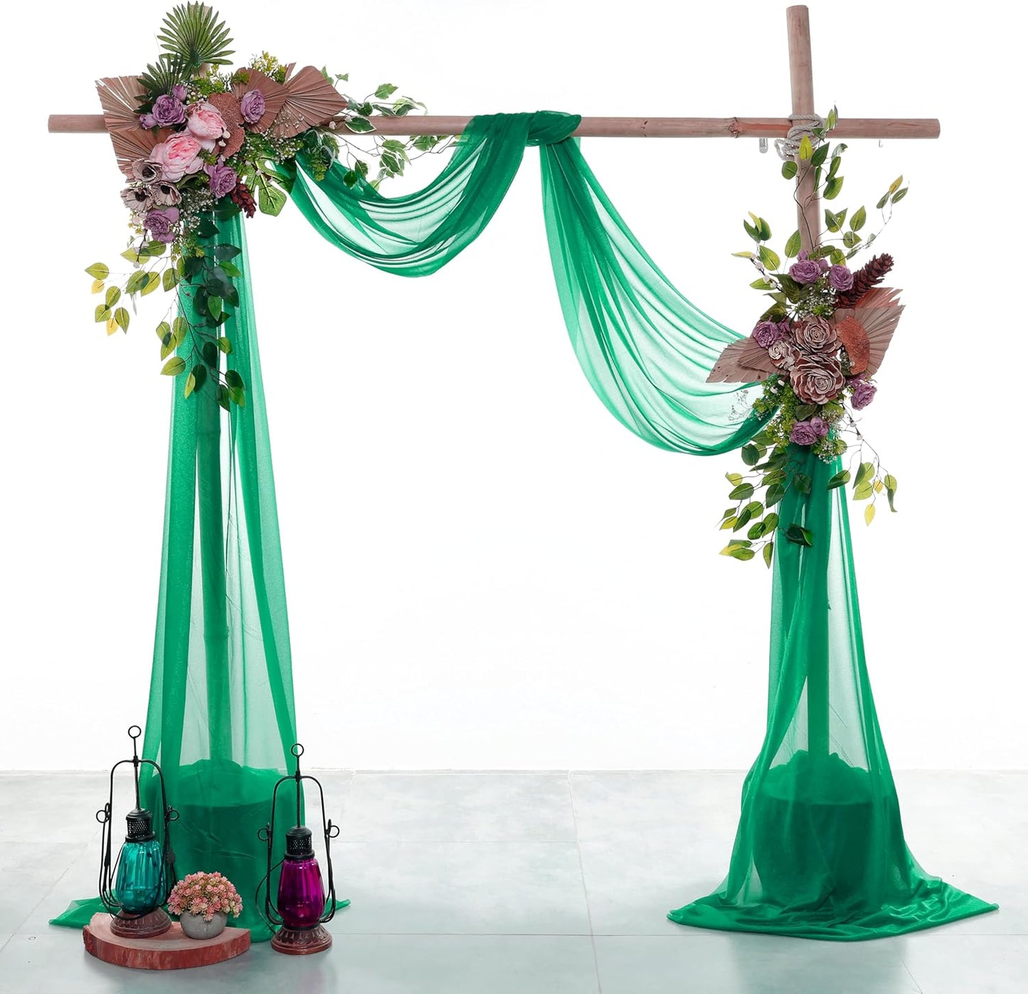 VDS Pack of 3 Panel (30 Inch X 20 Feet) Wedding Arch Draping Fabric Sheer Chiffon Fabric Drapery for Wedding Ceremony Reception Swag Backdrop Canopy Chuppah ARBO Altars Decoration (Emerald)