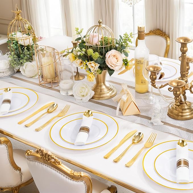 Liacere 100Pack Pre Rolled Gold Silverware and Napkin-Disposable Gold Plastic Utensils-Wrapped Plastic Cutlery Set with Napkin:100 Forks,100 Knives,100 Spoons,100 Napkins for Christmas＆New Years