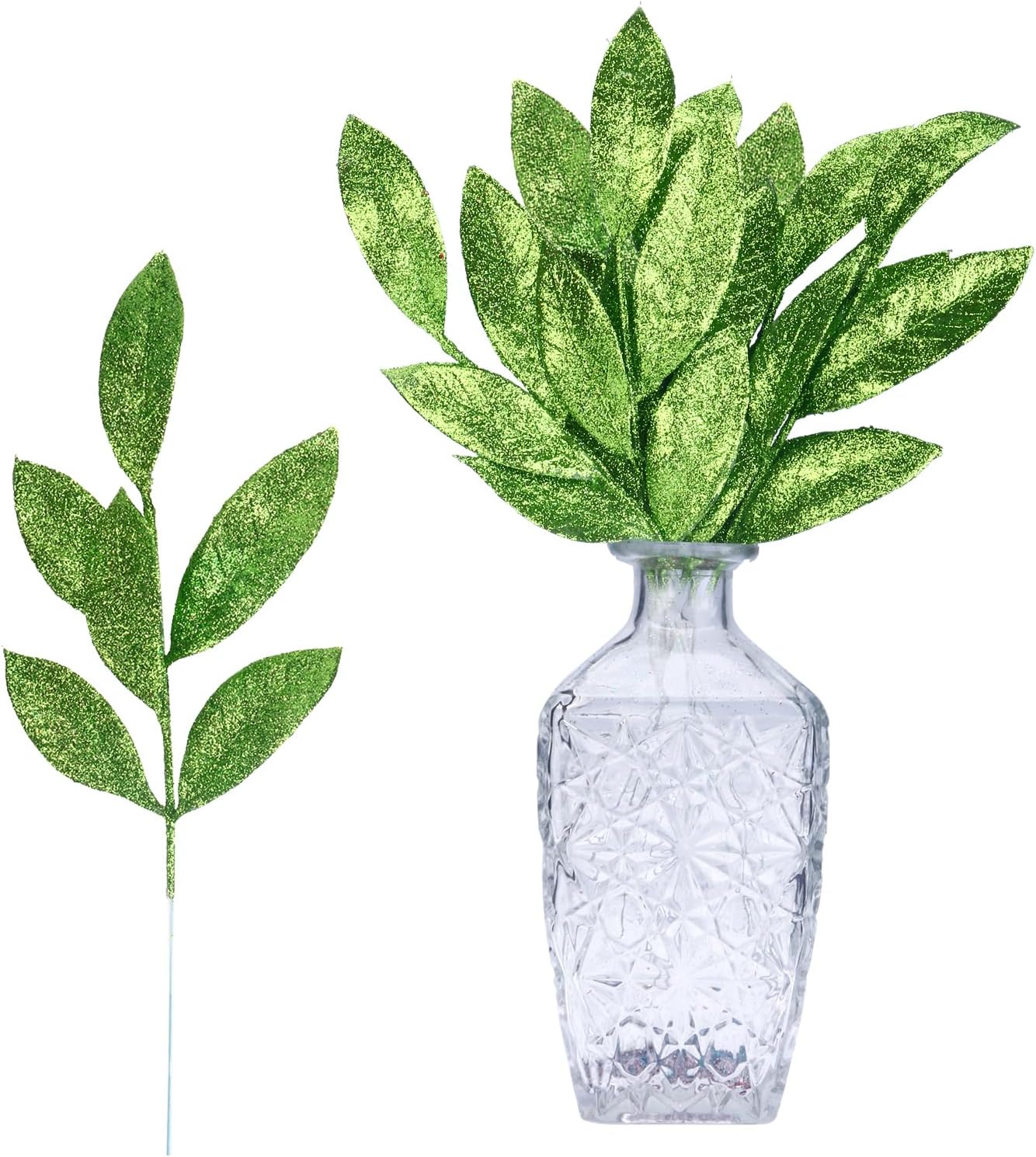 GREENTIME 12 Pack Artificial Green Glitter Leaves 13" Fake Christmas Picks Decorative Glitter Sticks for Vase Christmas Tree DIY Wreath Crafts Fireplace Decor