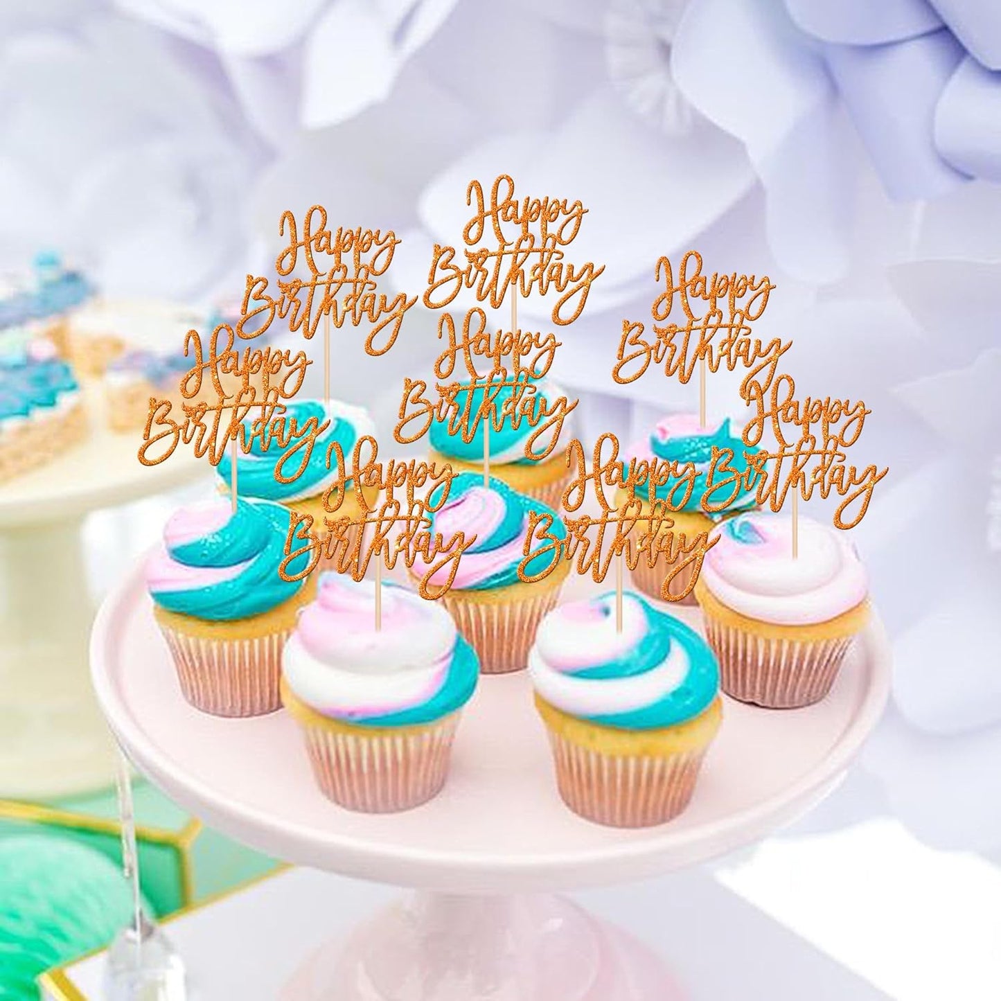 24 PCS Glitter Cupcake Toppers - Happy Birthday & Anniversary Picks - Orange