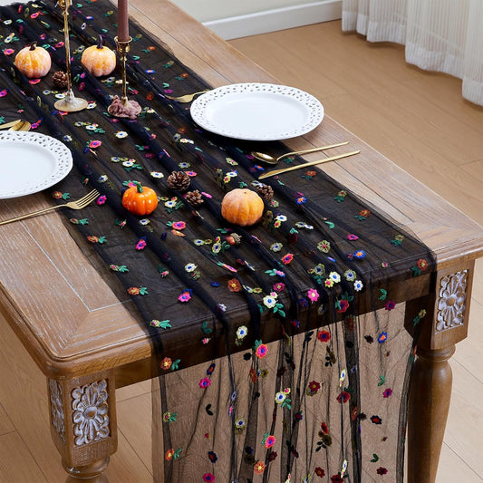JIALE 3 Pack Black Floral Table Runner, Embroidery Daisy Seasonal Table Decorations, 120Inch 10FT Tulle Fabric for Home Decor, Bridal Shower Wedding, Baby Shower Parties, DIY Craft