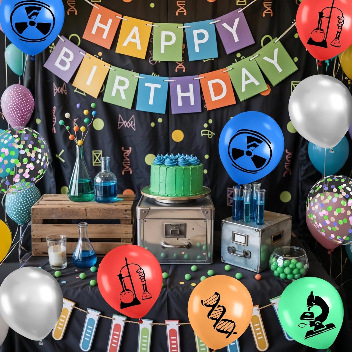 Science Party Balloons, 12 Inch Dark Light Blue Red Green Orange Metallic Silver Colorful Confetti Party Balloons for Boy Girl Science Birthday Party Decorations Baby Shower Lab Classroom Backdrop