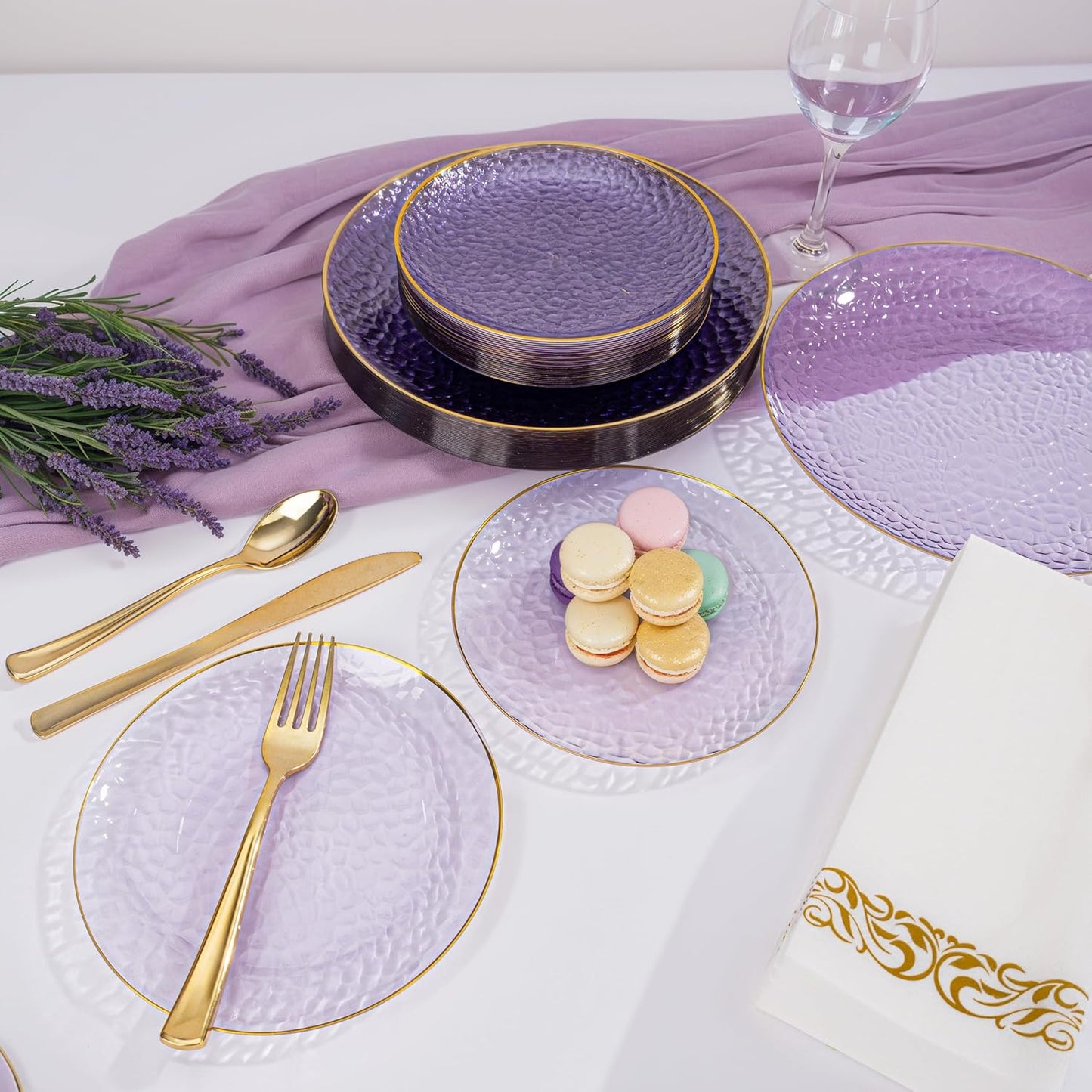 Rubtlamp 175 Pcs Purple Plastic Dinnerware Set (25 Guests), Clear Purple Plates With Gold Rim, Hammered Party Platos, Plates And Cups And Napkins Sets for Wedding, Party