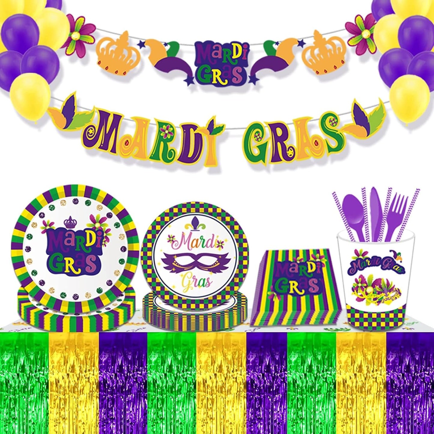 6 Pack 29x108 Inch Mardi Gras Metallic Foil Fringe Tinsel Table Skirts for Rectangle Tables Streamer Backdrop for Wedding, Birthday, Parade Floats, Carnival Party Decoration Gold Green Purple