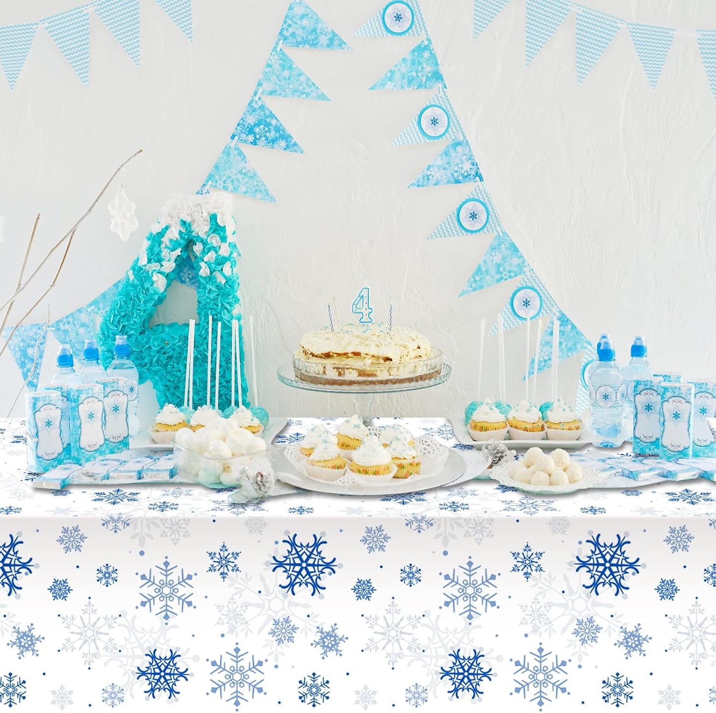 3 Pieces Snowflake Christmas Party Tablecloth Decorations,Plastic White Snowflake White Blue Xmas Backdrop Sign Table Cover Banner for Winter Christmas Holiday Party Supplies,54x108 inch（White/Blue）