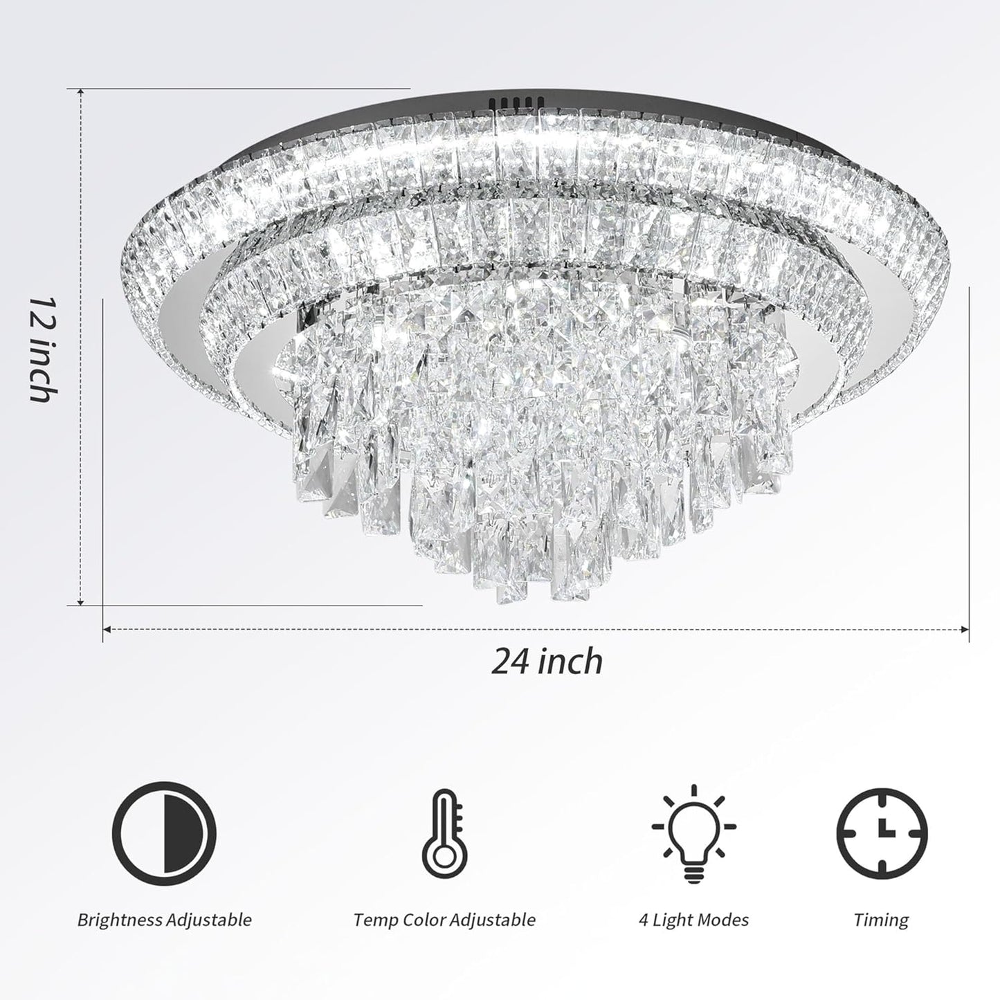 24 inch Crystal Silver Ceiling-Light Flush Mount with Remote Control and APP, 3CCT Dimmable & Brightness Adjustable, Modern Crystal Raindrop Chandeliers for Bedroom Hallway Dinning Room Living Room