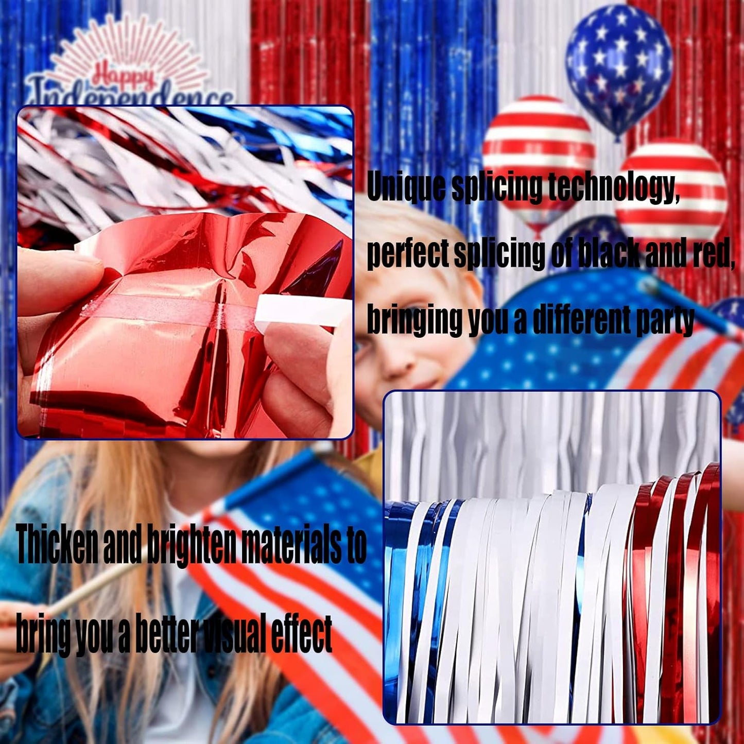 4 Pack Red Blue White Foil Fringe Curtain Backdrop, 3.28Ft x 8.2Ft Metallic Tinsel Foil Fringe Streamers Curtains for Photo Booth, Wedding, Mardi Gras, Birthday, Independence Day Party Decoration