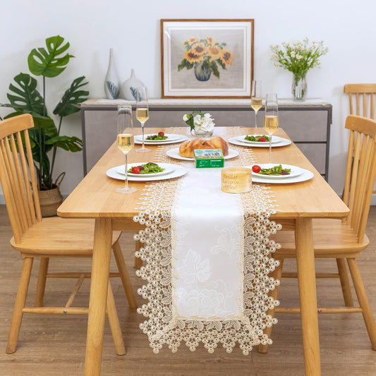 Beige lace Premium Rectangle Farmhouse Table Runner Waterproof OilProof SpillProof AntiShrink Soft Wrinkle Resistant Decorative Fabric Table Cover Kitchen Dinning Party Wedding Banquet