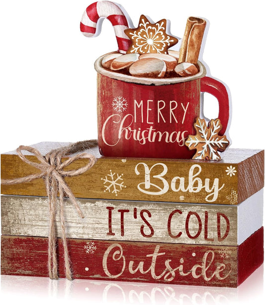 4 Pcs Christmas Table Decor Wooden Hot Cocoa Decoration Christmas Centerpiece Winter Tiered Tray Decor Decorative Red Hot Cocoa Block Signs Gift Farmhouse Xmas Decoration for Home Kitchen
