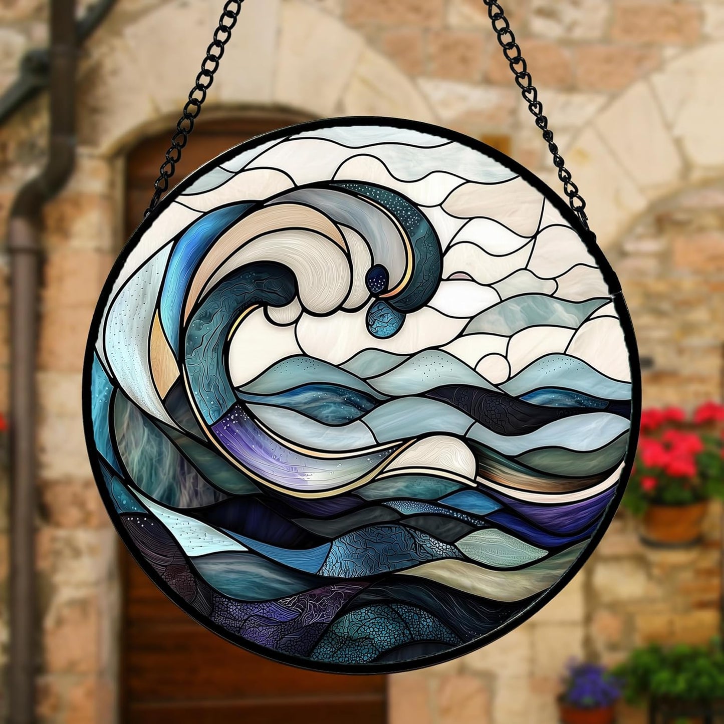 Stained Glass Window Hanging, Ocean Waves Sun Catchers Diamond Glass Panel Hangings Abstract Suncatcher Decor for Birthday for Women, Men, Wife, Aunt, and Mom 7.8 in