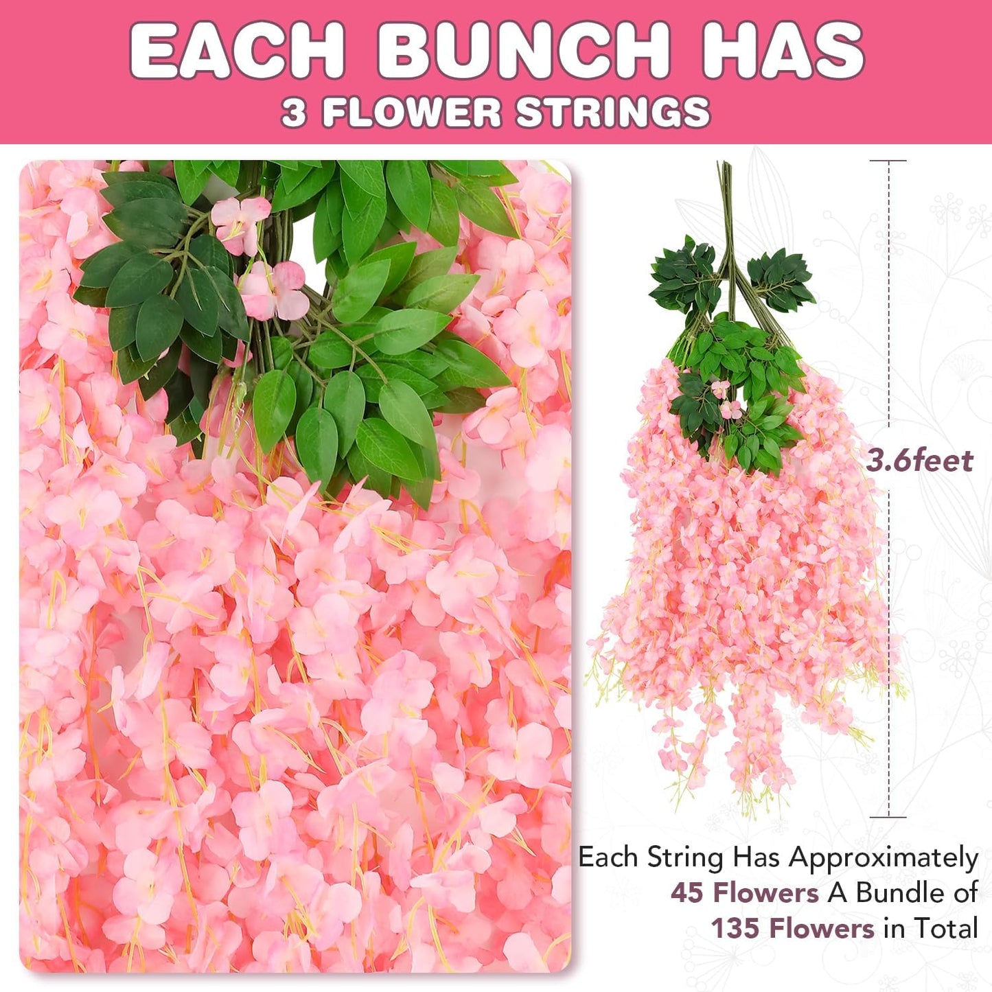 Wisteria Hanging Flowers,Fake Hanging Flowers,Wisteria artificiales Garland for Home Wedding Arch Floral Party Garden Ceremony Outdoor Decor,3.6 feet Long(75,Pink)