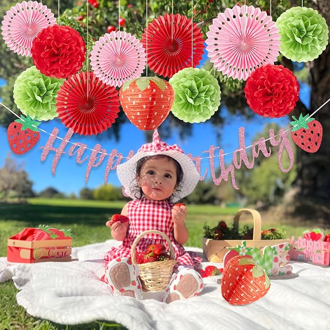 SUNBEAUTY Strawberry Birthday Party Decorations: Strawberry Shortcake Themed Decor for Birthday, Baby Shower; Paper Material; Includes Banner, Lanterns, Fans, Pom Poms