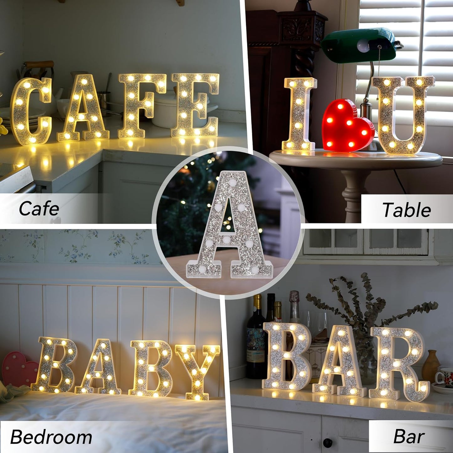 Marquee Light Up Letters, Glitter Silver LED Letter Lights Battery Powered Alphabet Letter Sign for Night Light Wedding Birthday Party Cafe Bar Decoration Girls Room Decor - N