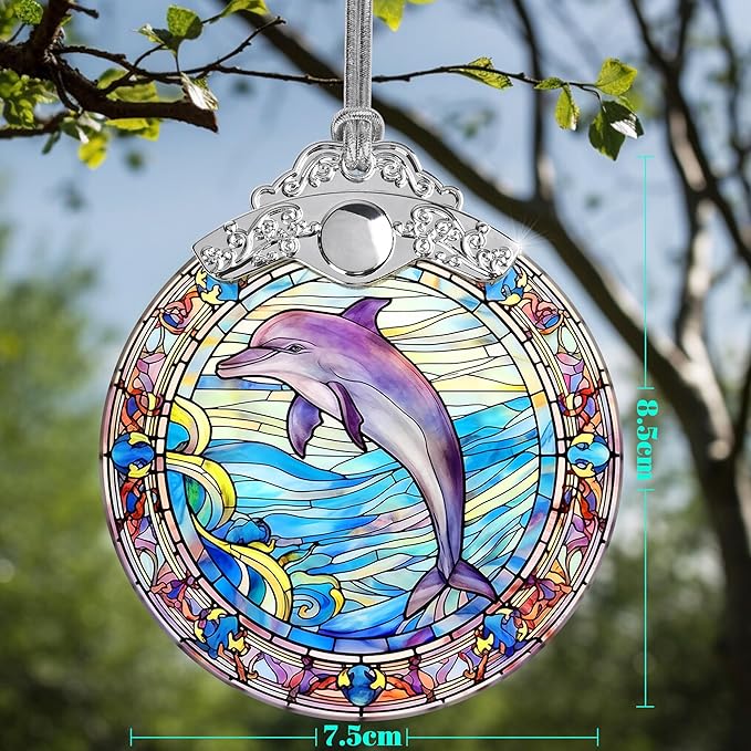 Stained Glass Christmas Ornament, Jocidea Dolphin Christmas Decorations, Christmas Tree Ornament, Dolphin Lovers Gifts, Holiday Decor and Xmas Gifts Ideas