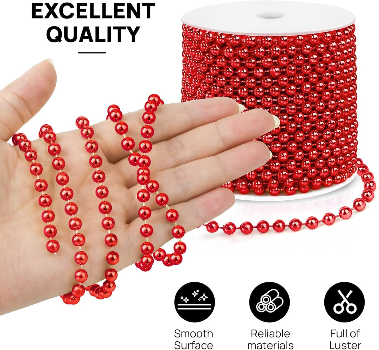 Craft String Pearls 6MM Pearl Bead, 66 Feet Red Faux Pearl Garland Spool Roll Strand Wedding Party Decoration, Christmas Tree Decorations