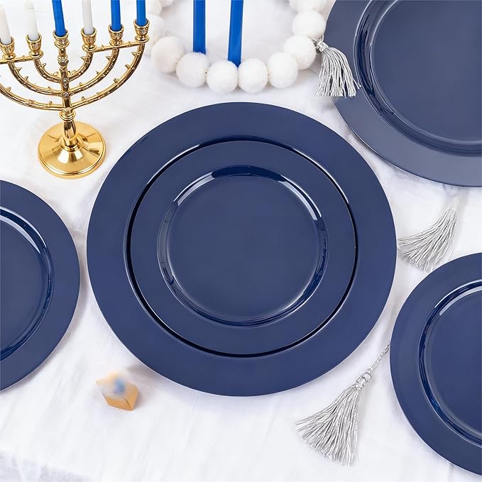 FLOWERCAT 100PCS Blue Plastic Plates - Heavy Duty Blue Disposable Plates for Possover Party/Wedding/Hanukkah - Include 50PCS 10.25inch Dinner and 50PCS 7.5inch Dessert/Salad Plates for 50 Guests
