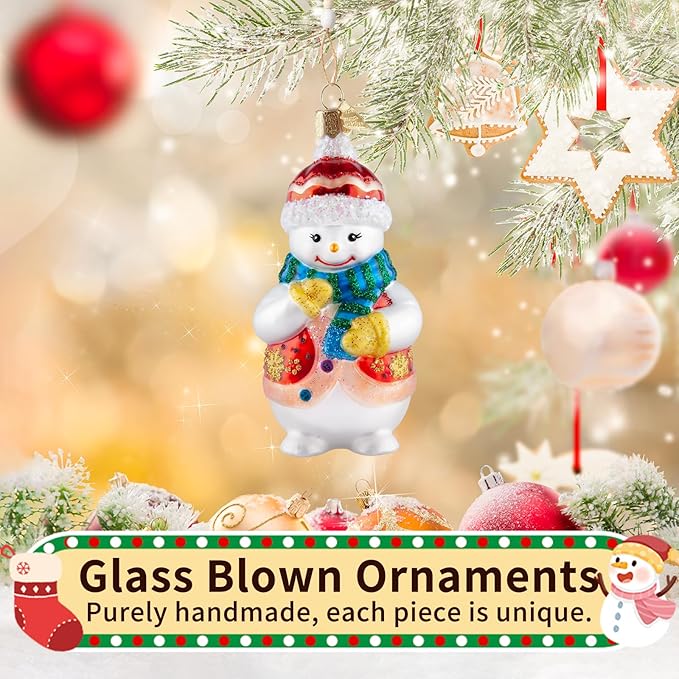Snowman Christmas Ornaments,Glass Blown Ornaments for Christmas Tree, Red Snowman Collection Figurine Hanging Ornaments,Christmas Decorations for Xmas Tree Holiday Party Daily Decor Gifts