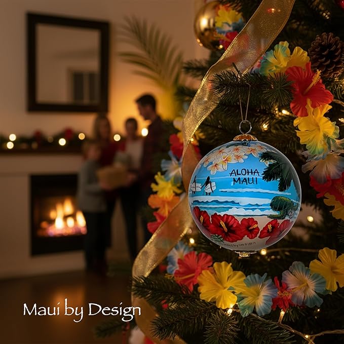 Maui Beach Life Collectible Hawaiian Ornament Hand-Painted Glass with Gift Box NB/M