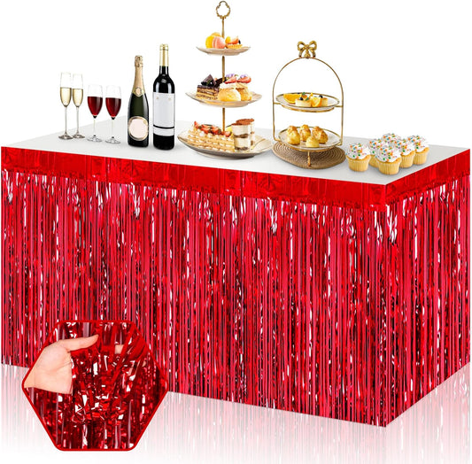 3 Pack 29x108 Inch Red Foil Fringe Table Skirts Metallic Banner for Tinsel Streamer Garland Backdrop for Parade Floats Wedding Thanksgiving Birthday Christmas Halloween Party Decoration