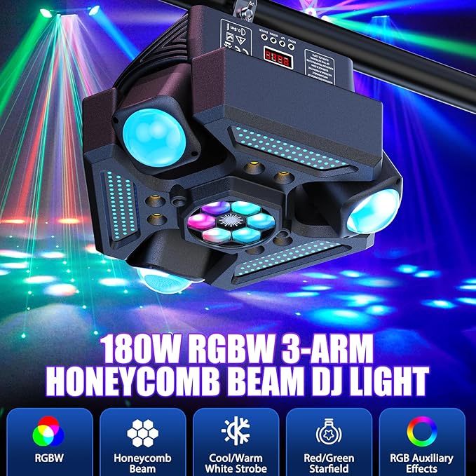4PCS 180W 3-Head Moving Head Light 9 Beam Stage Light with Remote Control Sound Activation & DMX Control for DJ Parties Wedding Home Theater Small Venue Lighting
