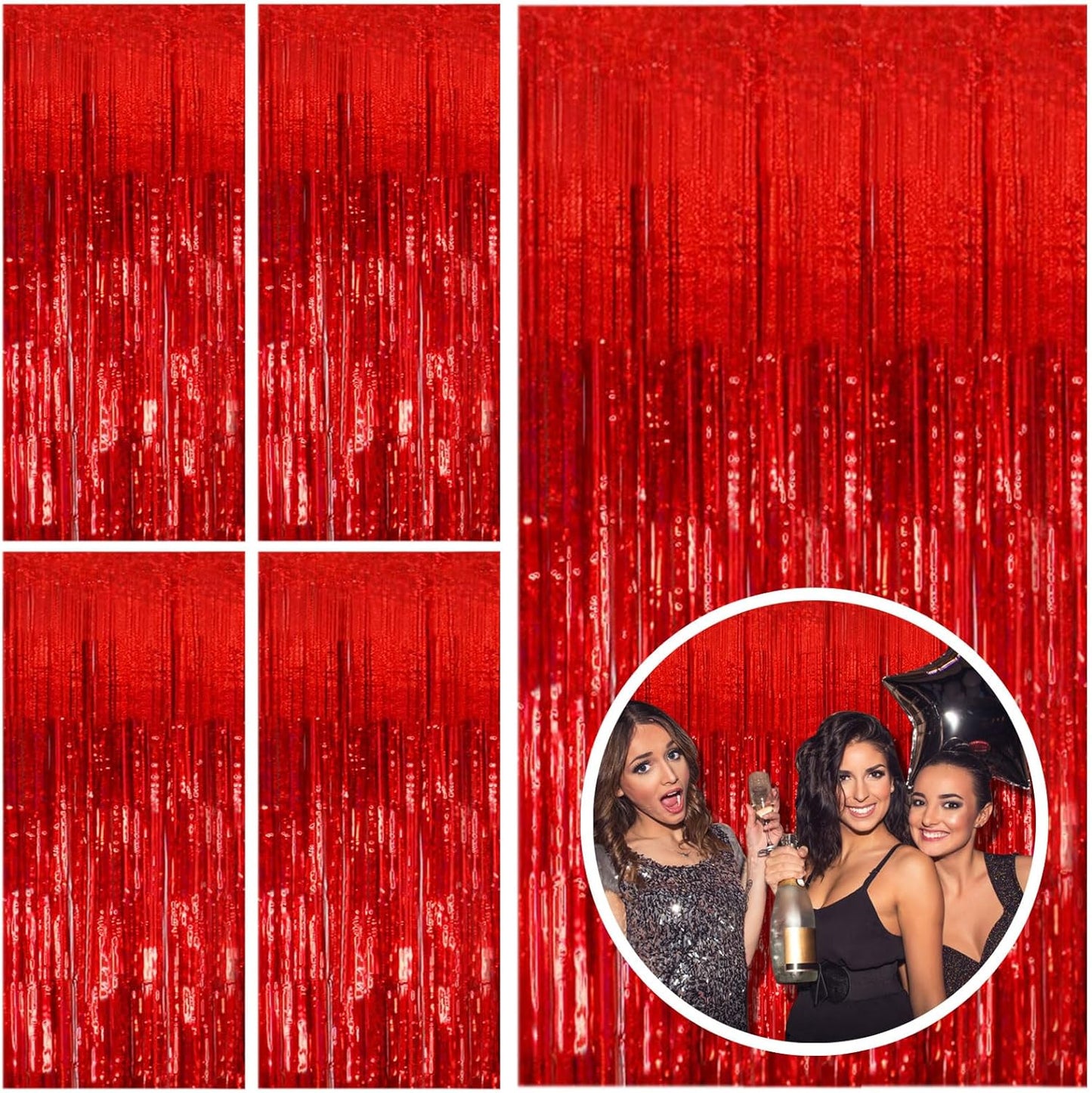 5 Pack Red Streamers Party Backdrop Christmas Decorations Foil Fringe Backdrop Curtains Carnival Casino Theme Birthday New Year Holiday Celebration Bachelorette Party Decorations Supplies