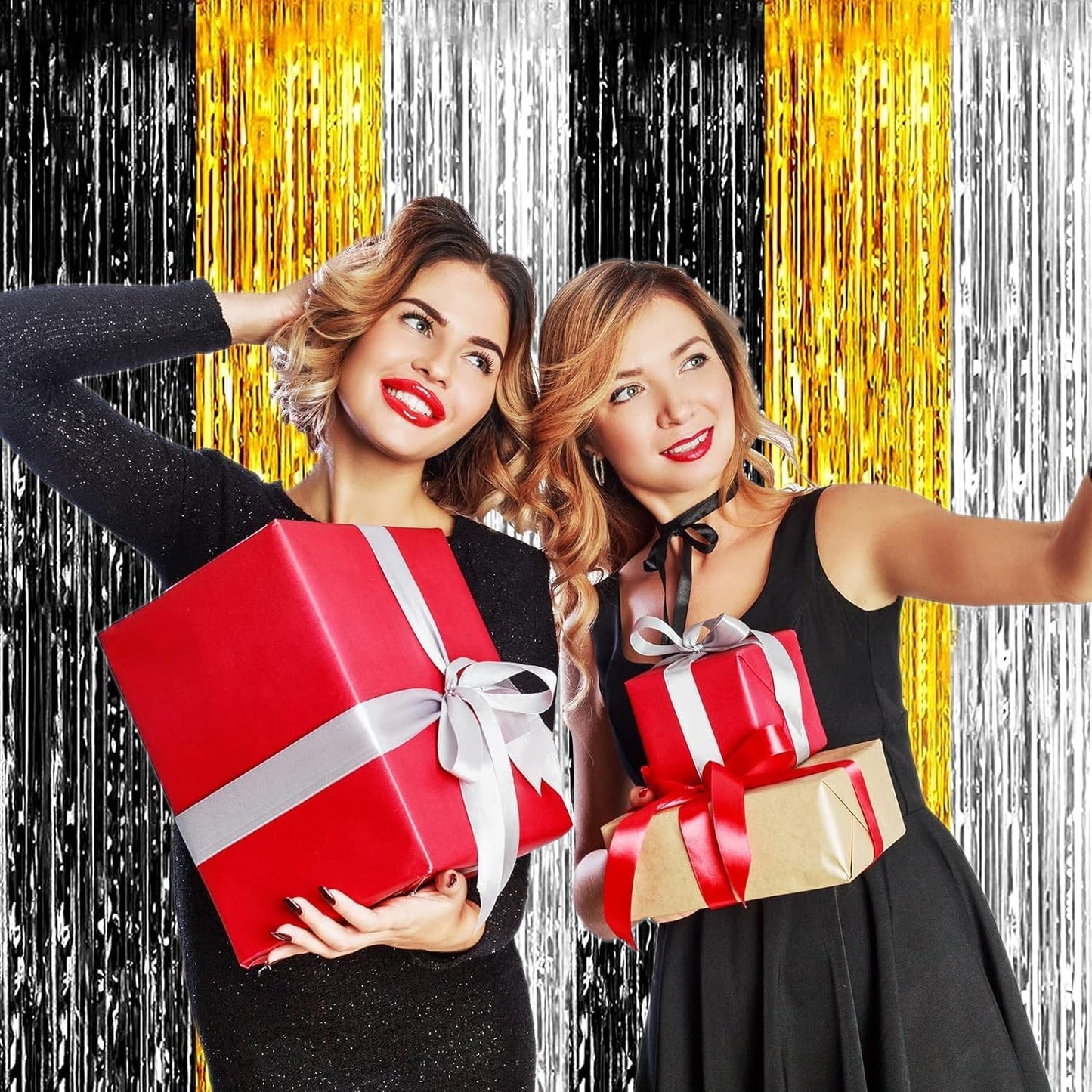 4P Metallic Foil Fringe Tinsel Table Skirts for Rectangle Tables Backdrop Banner Streamer Garland Curtains Parade Floats Wedding Graduation Anniversary Birthday Parties Decoration (Black Gold Silver)